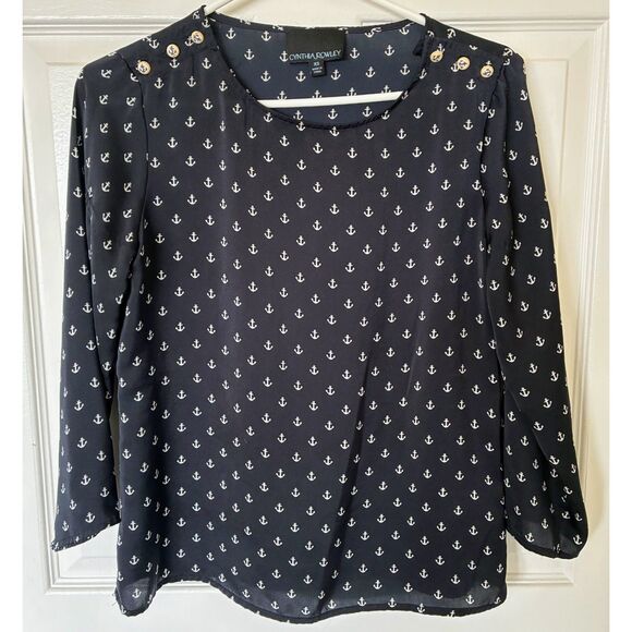 Cynthia Rowley Navy Blue Anchor Print Blouse - Picture 1 of 4